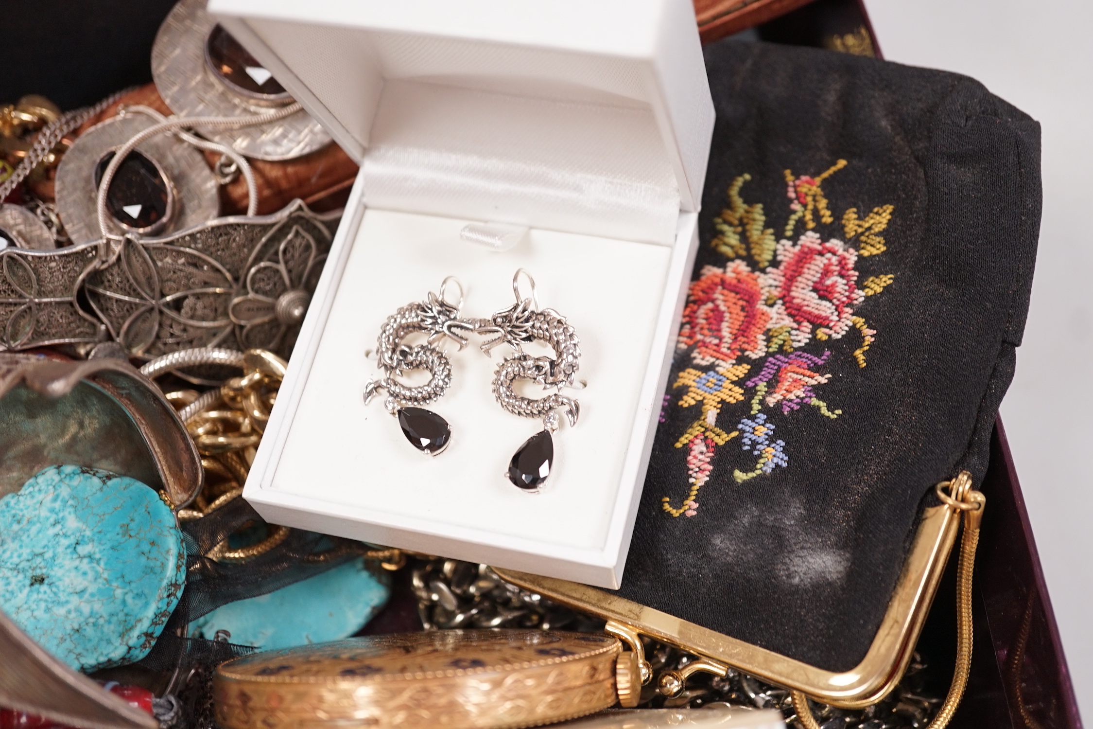 A group of assorted jewellery and white metal items etc., including filigree compact and bracelet, lipstick holder, Mexican sterling fruiting vine bracelet and Norwegian sterling ring.